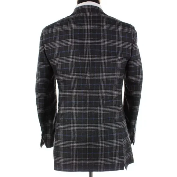 Kiton Sport Coat Size 48 38R US Black Gray & Blue Plaid Vicuna/Cashmere/Silk - Picture 5 of 10